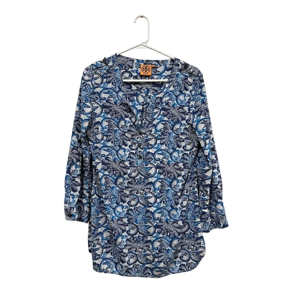 Tory Burch Blue Floral Silk Blend‎ Roll Tab Sleeve Tunic Top Blouse Size 8